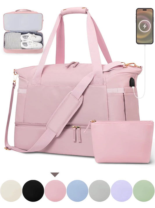 Stylish Pink Travel Duffel Bag for Women - Perfect Gym, Yoga & Weekend Companion with USB Charging Port, Wet Pocket & Shoe Compartment